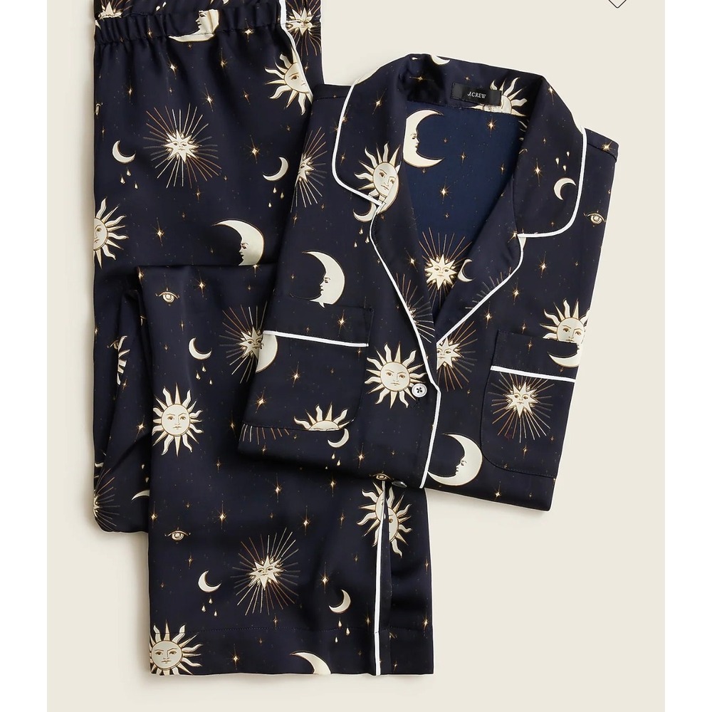 J Crew Easy-luxe eco Women M Celestial Sun Moon Pajama Set Navy Blue Gold